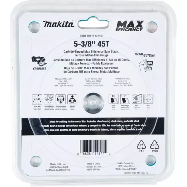 Makita 5-3/8 in. 45T Carbide-Tipped Max Efficiency Saw Blade, Ferrous Metal-Thin Gauge