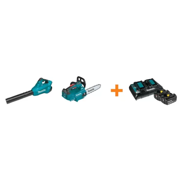 Makita 18V X2 LXT Blower and 18V X2 LXT 14 in. Top Handle Chain Saw with bonus 18V LXT Starter Pack