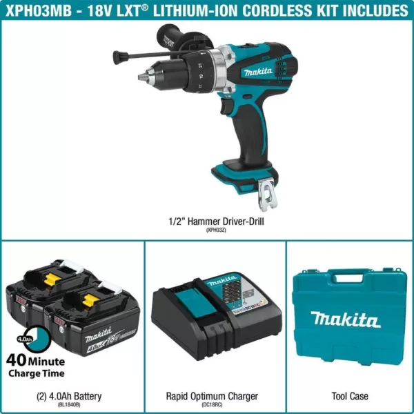 Makita 18-Volt LXT Lithium-Ion 1/2 in. Cordless Hammer Driver/Drill Kit with (2) Batteries (4.0 Ah), Charger and Hard Case