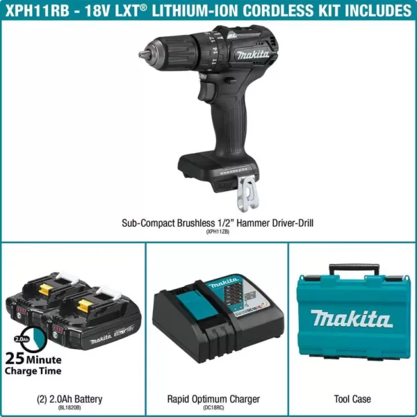 Makita 18-Volt 2.0Ah LXT Lithium-Ion Sub-Compact Brushless Cordless 1/2 in. Hammer Driver Drill Kit