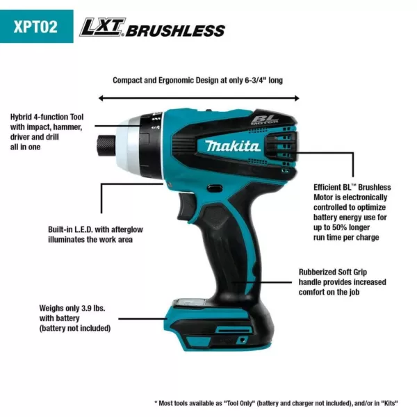 Makita 18-Volt LXT Lithium-Ion Brushless Cordless Hybrid 4-Function Impact Hammer Driver Drill (Tool Only)