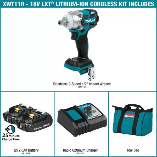 Makita 18-Volt LXT Lithium-Ion Compact Brushless Cordless 1/2 in. 3-Speed Impact Wrench Kit, 2.0Ah