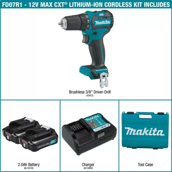 Makita 12-Volt Max CXT Lithium-Ion 3/8 in. Brushless Cordless Driver Drill Kit with (2) Batteries (2.0 Ah), Charger, Hard Case