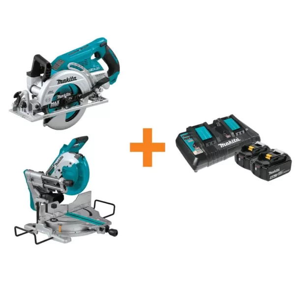 Makita 18-Volt X2 LXT Brushless Cordless Rear Handle 7-1/4 in. Circular Saw w/Bonus Miter Saw, 2 Batteries 5.0 Ah