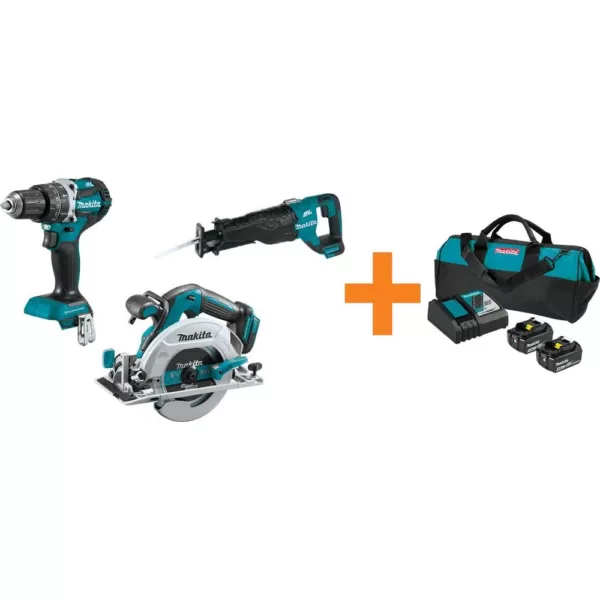 Makita 18V LXT 1/2 in. Brushless Hammer Driver-Drill, 7-1/4 in. Circ Saw and Recipro Saw with bonus 18V LXT Starter Pack