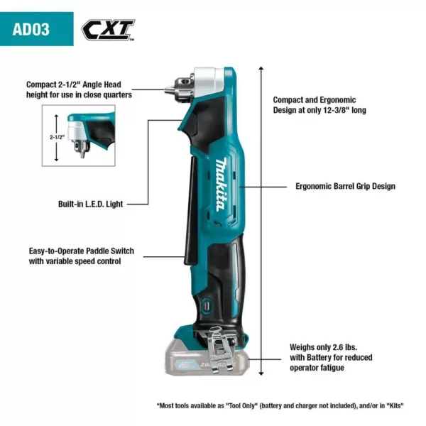 Makita 12-Volt MAX CXT Lithium-Ion Cordless 3/8 in. Right Angle Drill Kit (2.0 Ah)