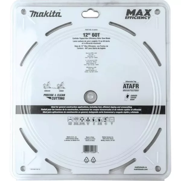 Makita 12 in. 60T Carbide-Tipped Max Efficiency Miter Saw Blade