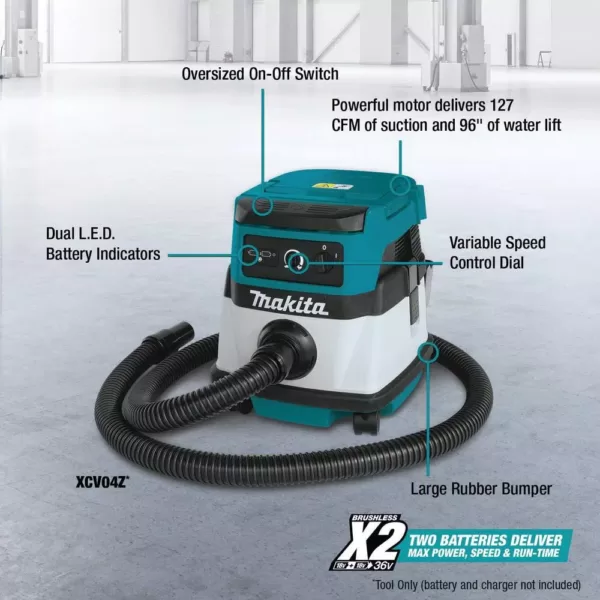 Makita 18-Volt X2 LXT Lithium-Ion (36-Volt) Cordless/Corded 2.1 Gal. Dry Vacuum (Tool Only)